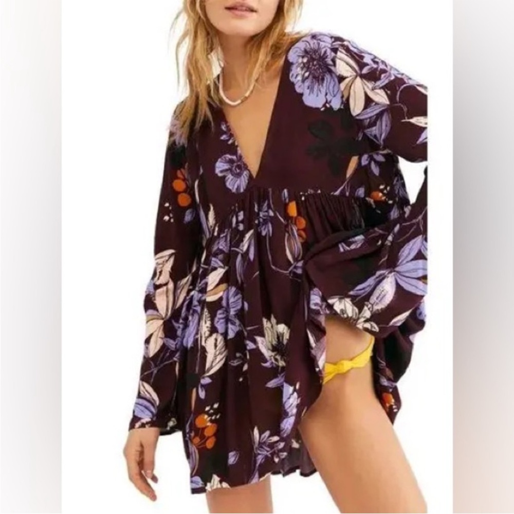 Free People Bella V-Neck Boho Floral Peasant Tunic Top/Mini Dress Burgundy Sz S